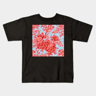 Coral flowers on sky blue toile Kids T-Shirt